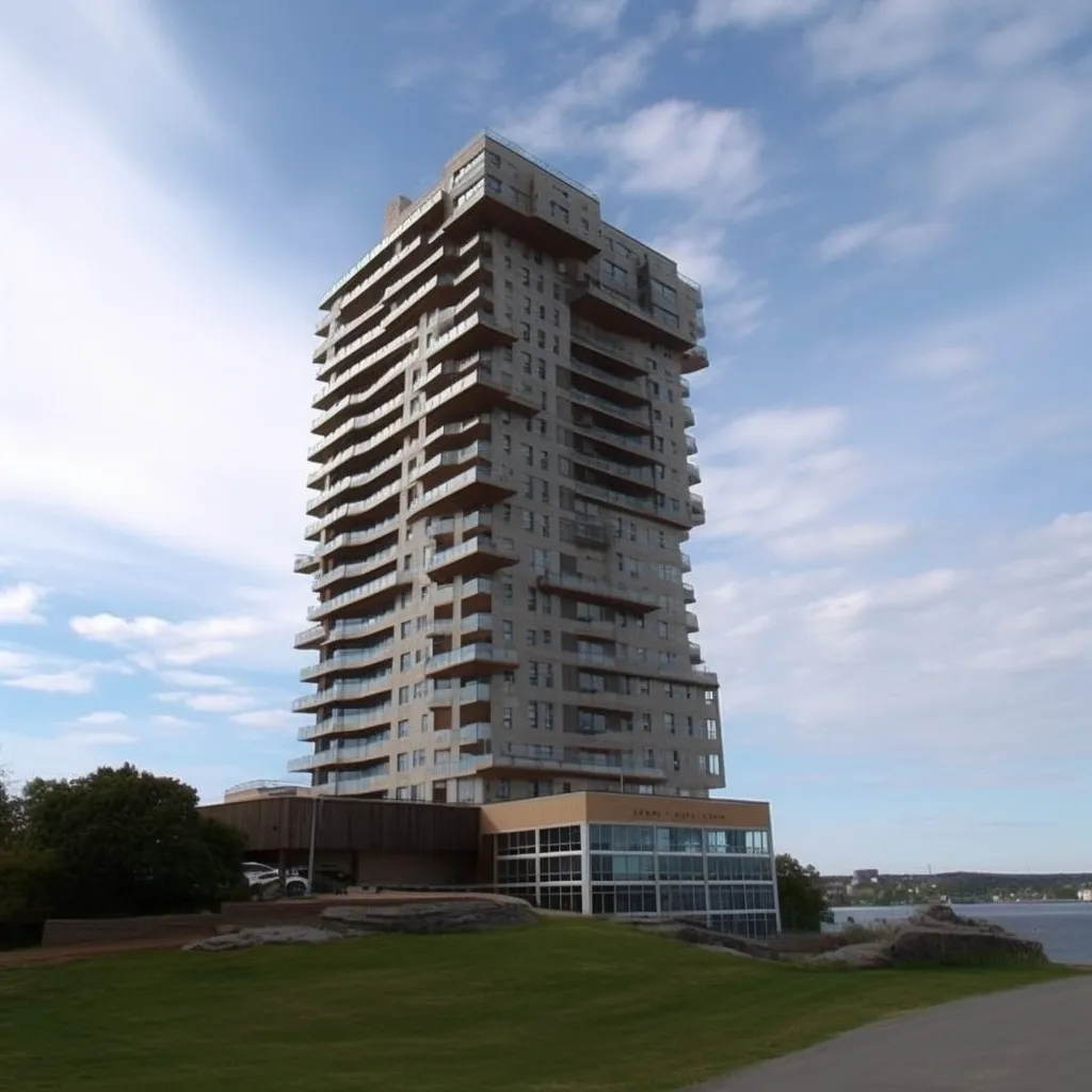A tall residential tower with rows of balconies above a glass-fronted ground floor, on a grassy waterfront site under a blue sky with light clouds